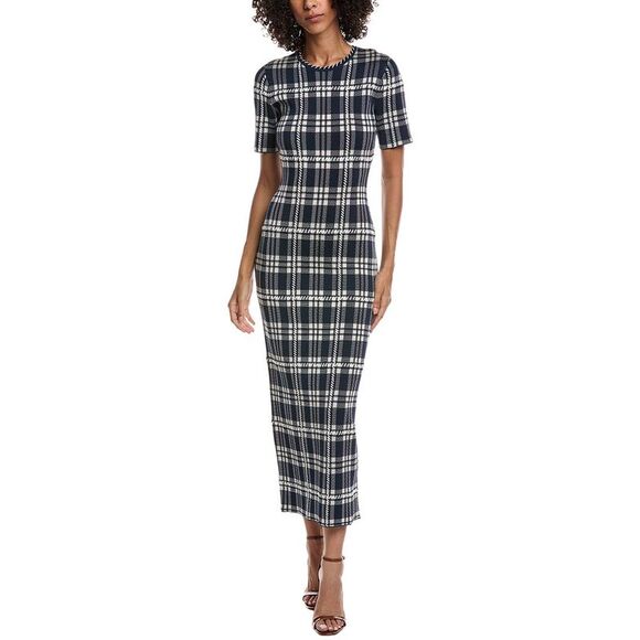 Lela Rose WomensJacquard Plaid Midi Dress Blue